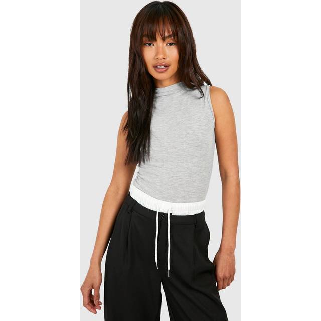 Womens High Slash Neck Sleeveless Marl Bodysuit - Grey - 10, Grey