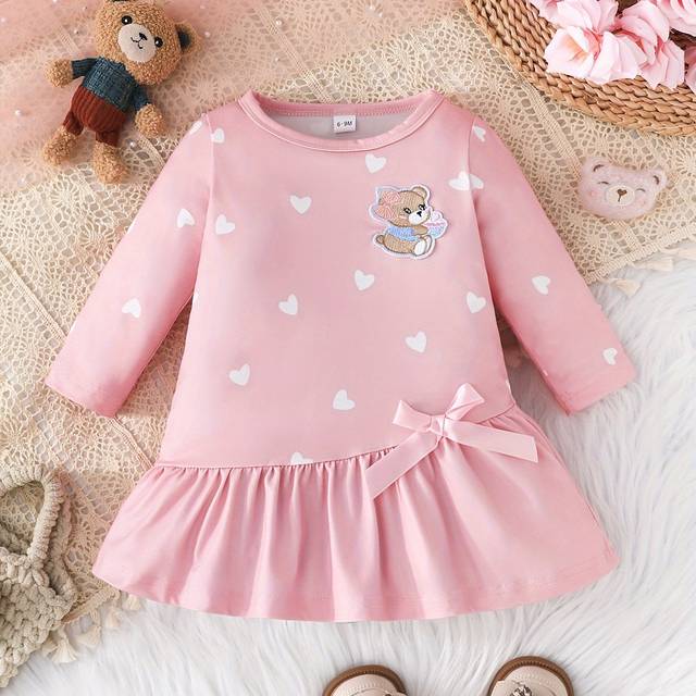 TEMU Girls' Long Sleeve Cute Bear Print Dress With Bow Decoration