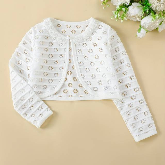 TEMU Kids' Pink Floral Lace Long Sleeve Cardigan With Sequin Trim & Belt - Elegant Round Neck, Button-up Front, Lightweight Summer Shawl For Casual