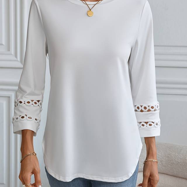 TEMU Solid Three-quarter Sleeve T-shirt, Elegant Crew Neck T-shirt For Spring & Fall, Women's Clothing