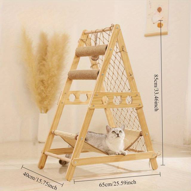 TEMU Triangle Ladder Cat Climbing Frame With Perch, Large Wooden Multi-functional Hammock And Sword Grass Scratching Post For Cats
