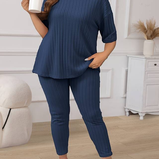 TEMU [1pc Plus Size Co-ord Set] Plus Size Co-ord Set For Women, Casual Crew Neck, High Stretch Polyester Knit Fabric, Solid Color Loungewear With 95% Polyester, 5% Elastane