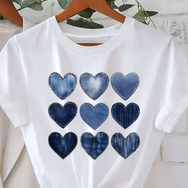 TEMU Women's Casual Short Sleeve T-shirt With 9-heart Denim Print - 100% Polyester, Semi-sheer Round Neck, Lightweight 180gsm, Machine Washable Spring/summer Top