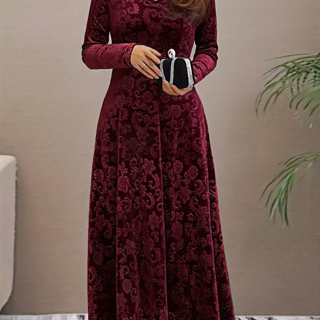TEMU Plus Size Floral Pattern Velvet Dress, Elegant Long Sleeve Dress For Spring & Fall, Women's Plus Size Clothing