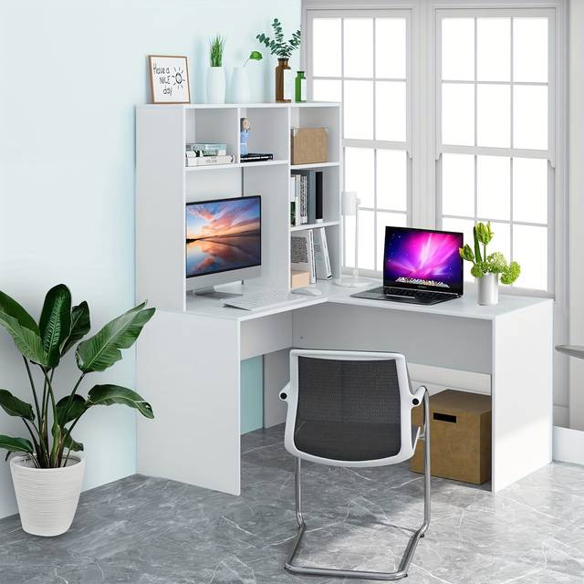 TEMU Kealive L Shaped Desk With Bookshelf, L Shaped Desk With Bookshelf, L Shaped Computer Desk, L Shaped , Youth Study Table, For Study Room Office, White, 107.8 X 100.7 X 155 Cm