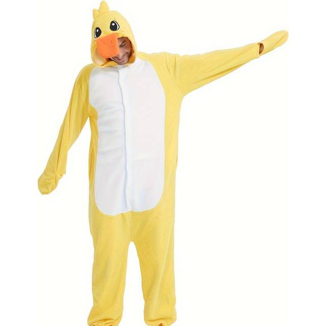 TEMU Men's Festive Christmas Duck Print Batwing Sleeve Hooded Pajama Jumpsuit - Cozy Long Sleeve Sleepwear With Cute Buttons, Halloween Costume, Christmas Party Outfit