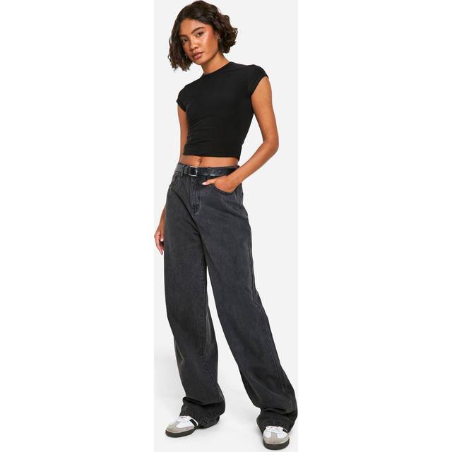 Boohoo Tall Basics High Waisted Wide Leg Jeans In Washed Black - washed black - 8/36L