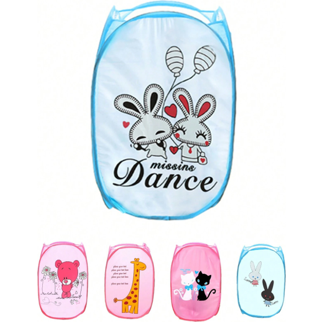 SHEIN 1pc Foldable Polyester Laundry Hamper, Cute Cartoon Pattern Large Capacity Storage Basket, Suitable For Home Use, Cartoon Bathroom Clothes Basket, Bab