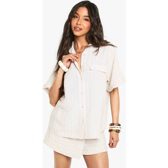 Womens Woven Linen Look Striped Short Sleeve Shirt - Stone - 10