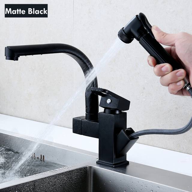 (Black) Pull-Out Kitchen Sink Faucet Multifunctional Pressurized Sprayer Booster