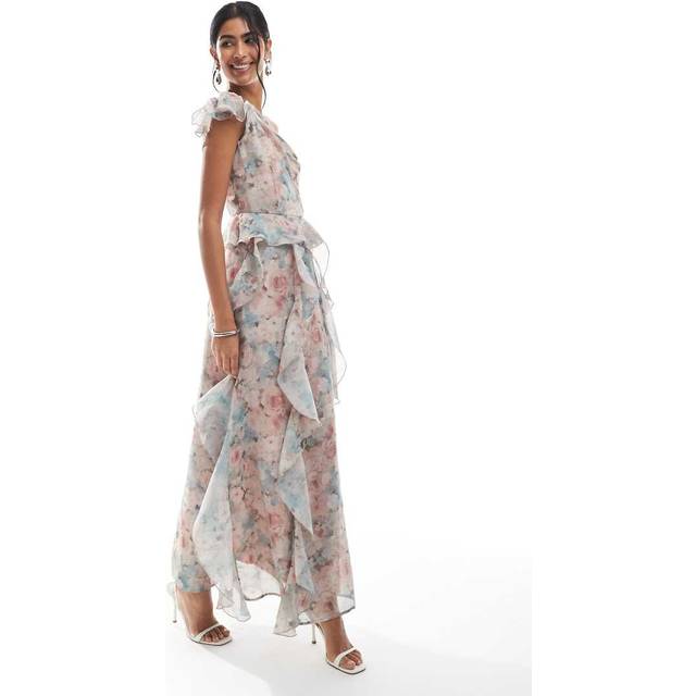 Vero Moda – Blekt, blommig, enaxlad maxiklänning i chiffong med volangdetalj-Flera