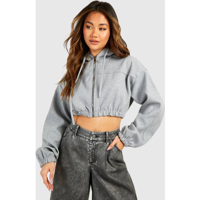 Womens Cropped Hooded Wool Look Bomber Jacket - Grey - 14, Grey