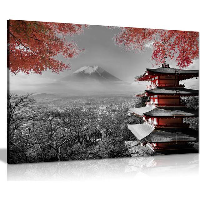 Panther Print  Canvas Wall Art  Framed Pictures for Living Room and Bedroom  Japanese Temple in Autumn  Black  White  and Red  Prints for Special Occa