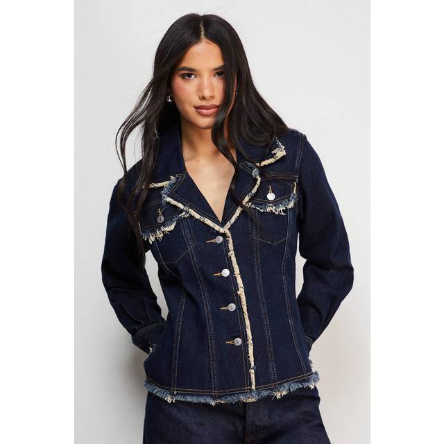 Front Fitted Denim Jacket With Frayed Hem - Indigo - 10