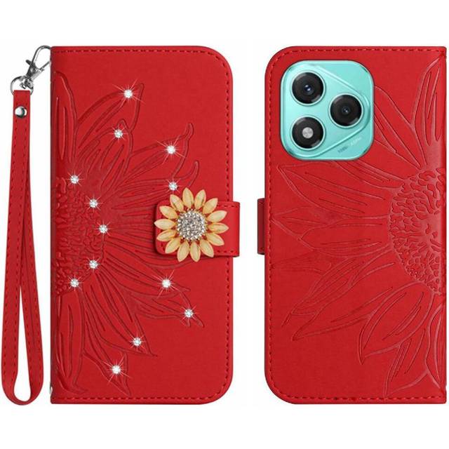 (Red) Flip Case for Honor 400 Lite Pu Leather Flip Cover Card Holder Shockproof Tpu Shell Flip Wallet Credit Card