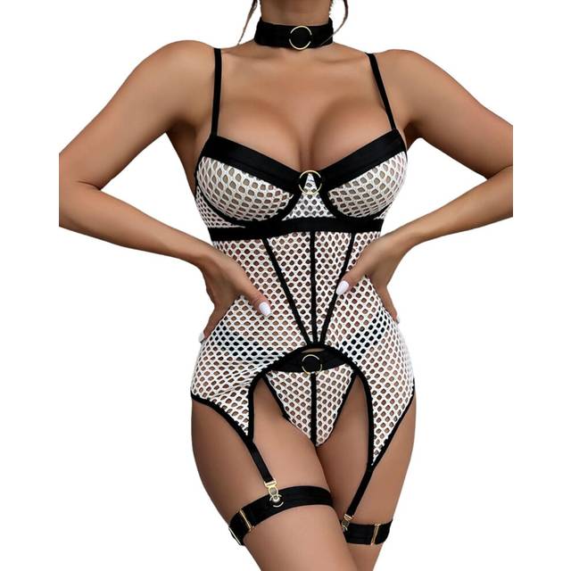 (M, White) Women's Lingerie Sets Sexy Gothic Bodysuit with Thigh Garter Choker Underwear Babydolls No Stockings