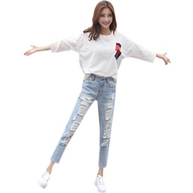 Women boyfriend jeans hole ripped jeans harem jeans casual loose4007