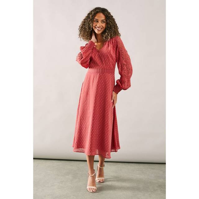Wallis womens fit flare dress berry lace long sleeve midi spring summer