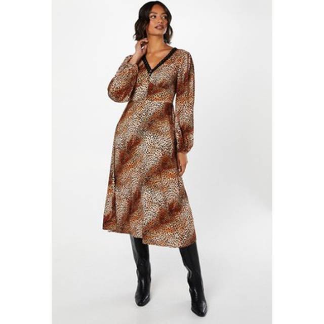 Dorothy Perkins Womens Midi Dress Animal Lace Trim Button Front Long Sleeve