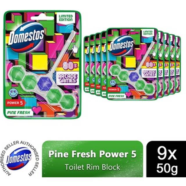 Domestos Power 5 Toilet Rim Block Pine Fresh W/ Long-lasting Scent 50g, Pk Of 9