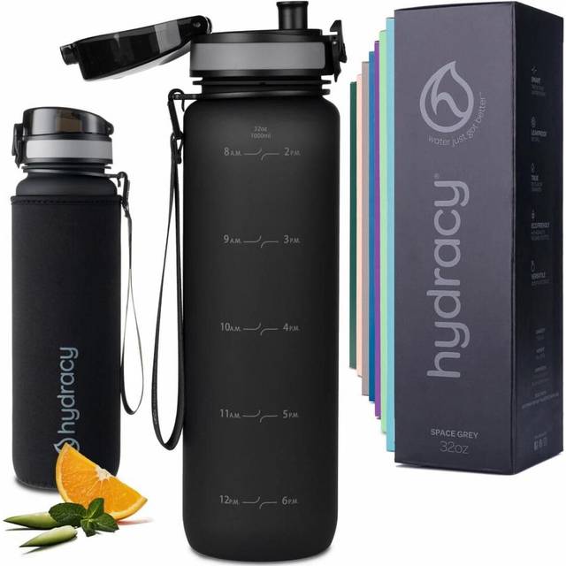 Hydracy Water Bottle with Time Marker -Large 1 Litre BPA Free Water Bottle & No Sweat Sleeve -Leak Proof Gym Bottle with Fruit Infuser Strainer &