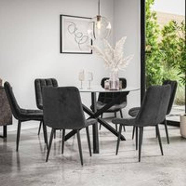 More4Homes Malvern Round Dining Table And Chairs -  Clear Glass Table Top W Solid Black Oak Legs + Nova Velvet Dining Chair Set Of 6 (Black) - One Size