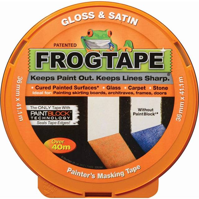 Frog Tape Orange Gloss & Satin Painters Masking Tape 36mm x 41.1m. Indoor painting and decorating for sharp lines and no paint bleed