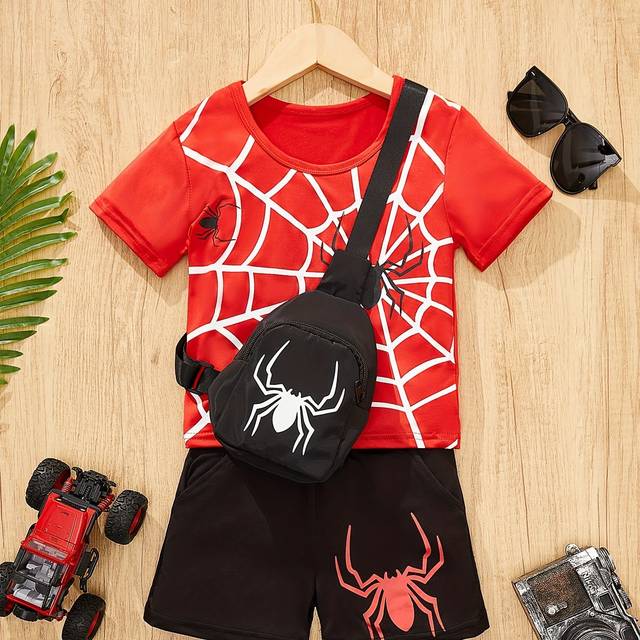 TEMU Boys' Spider Web Graphic Tee & Shorts Set With Matching Crossbody Bag - Casual Polyester, Summer-ready Outfit, Non-transparent, Round Neck, Pocket Detail, Outdoor