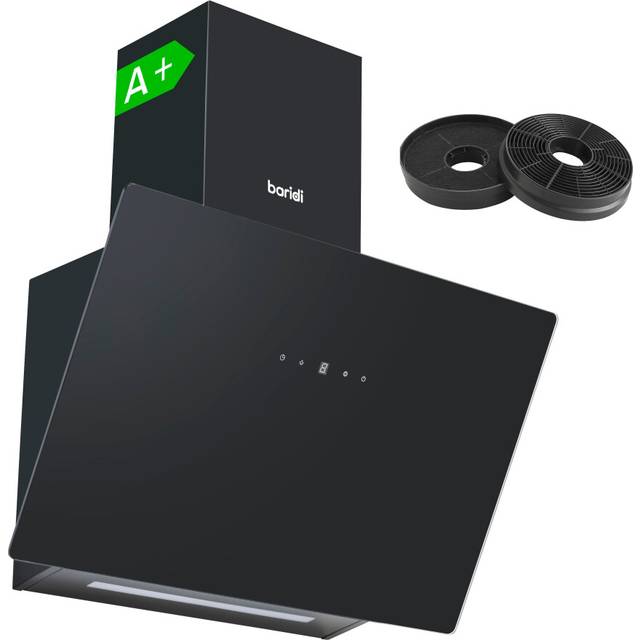 Baridi 60cm Angled Chimney Cooker Hood with Carbon Filters, Touch Controls & LED Lamp, Black Glass - DH105