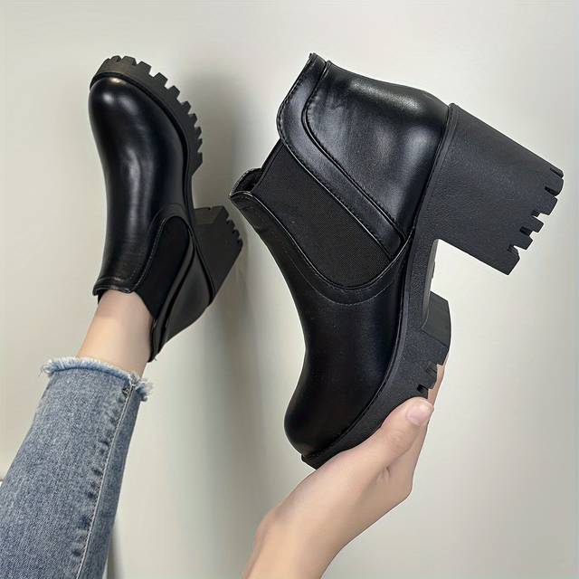 TEMU Women's Sexy British Style Chunky Heel Ankle Boots - Winter Warm Cover Slip-on With Thick Rubber Sole, Round Toe & Soft Fabric Lining, Black Casual To Formal Footwear
