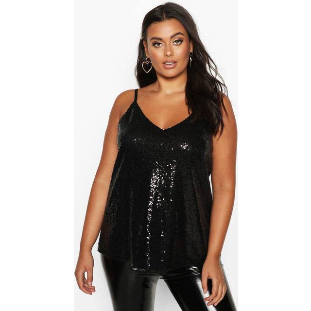 Womens Plus Sequin V-Neck Cami Top - Black - 18, Black