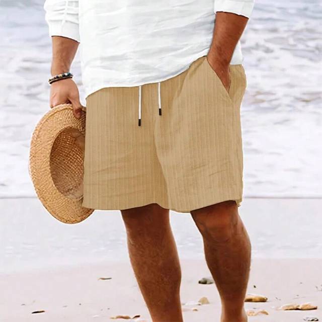 (KH, S) New Summer Beach Men's Linen Casual Loose Elastic Waist Striped Shorts with Drawstring Linen Cotton Track Short Pants for Man