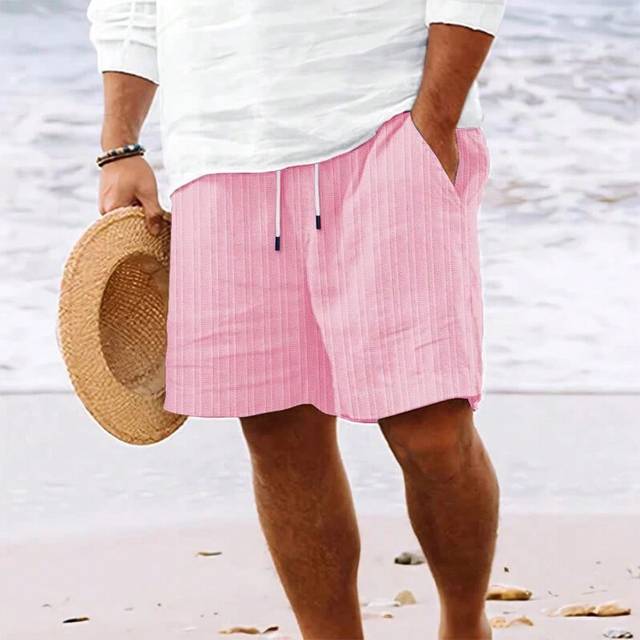 (PK, S) New Summer Beach Men's Linen Casual Loose Elastic Waist Striped Shorts with Drawstring Linen Cotton Track Short Pants for Man