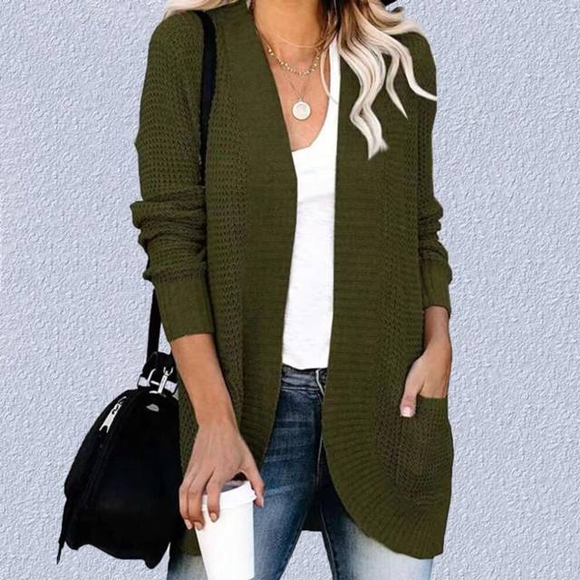 (army green, L) Women&apos;s Long Sleeve Soft Knit Sweater Open Front Loose Cardigan Casual Pocket Outerwear