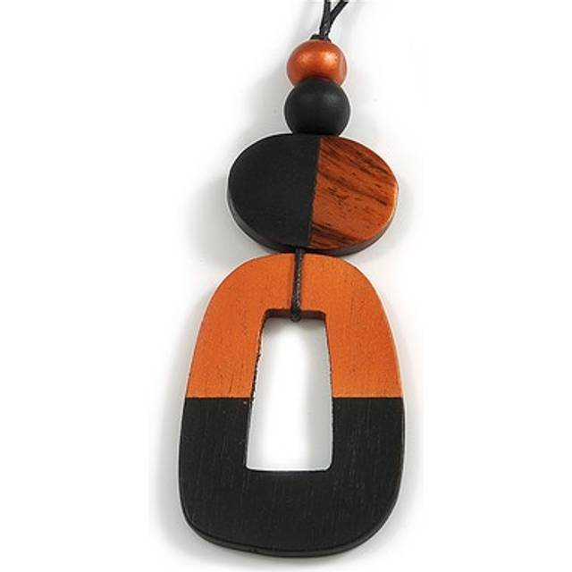 O-shape black/ brown painted wood pendant with black cotton cord - 88cm l/ 13cm