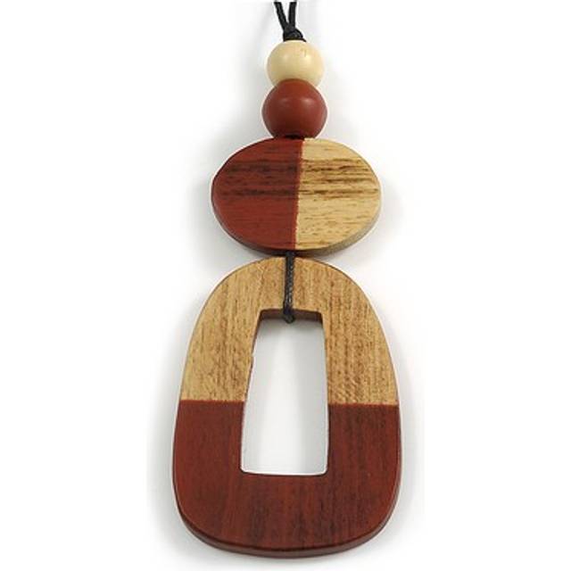 O-shape antique white/ brown painted wood pendant with black cotton cord - 88cm