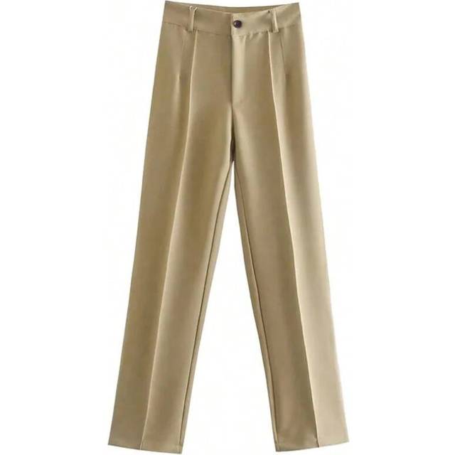 (as picture-3, S) TRZA Women Chic Fashion Office Wear Straight Pants Vintage High Waist Zipper Fly Female Trousers Mujer