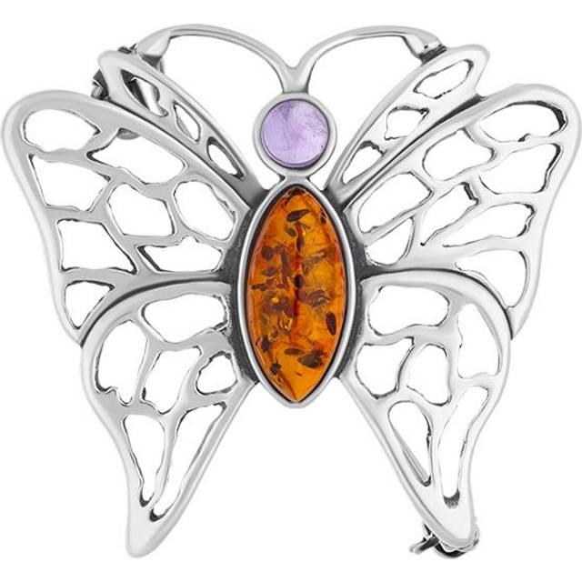Sterling Silver Baltic Amber Amethyst Butterfly Brooch D - Option1 Value Silver