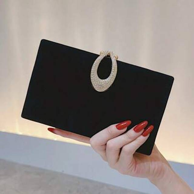SHEIN Elegant Black Velvet Clutch With Rhinestones, Women&#39;s Party Purse, High-End Fashion Handbag For Wedding, Gala, Party, Evening Dress, Envelope Bag, Squ
