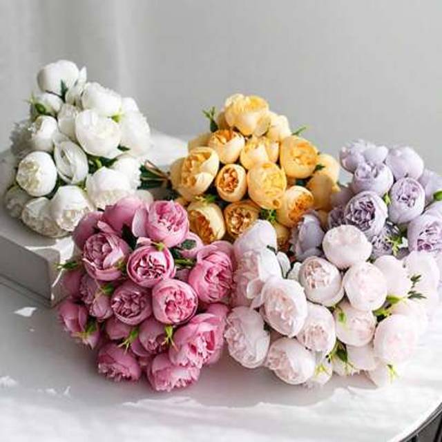SHEIN 1 Bunch Silk Peony Bouquet,Artificial Rose Flower 27 Flower Heads,Artificial Camellia,A Stem With Three Flowers,Fake Flowers Real Burnt Edge Roses Peo