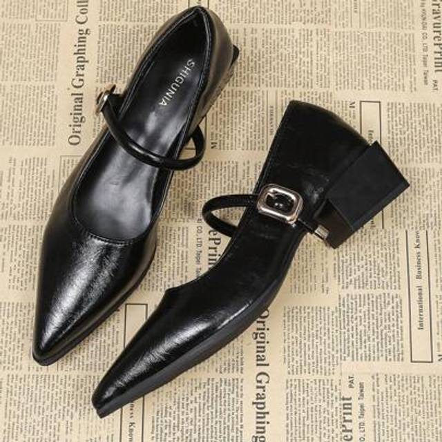 SHEIN 2025 Spring/Summer New French Pointy Toe Black Mary Jane High Heels, Strap Comfy Chunky Heel Versatile Stylish Pumps