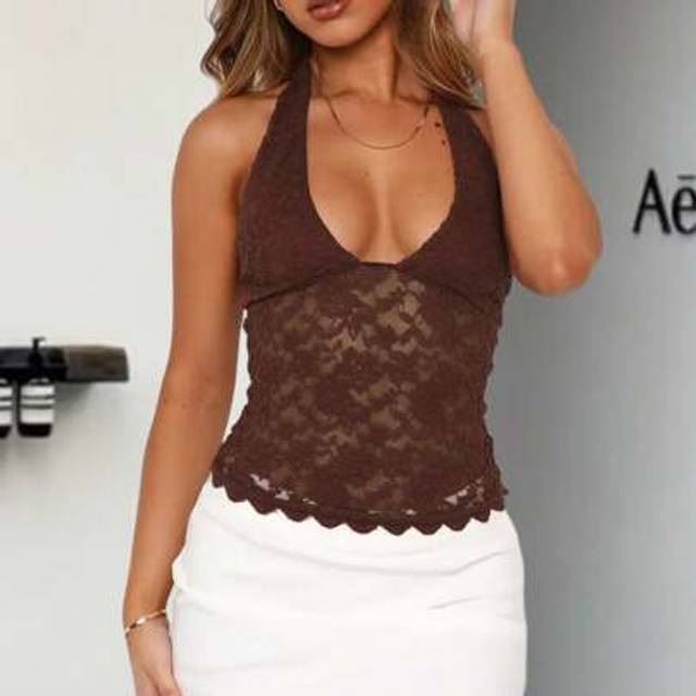 SHEIN Women Y2k Crop Halter Tank Tops Deep V-Neck Floral Lace Sheer Backless Vest Shirts Hot Girl See Through Going Out Camisole Tops Clubwear Streetwear Su