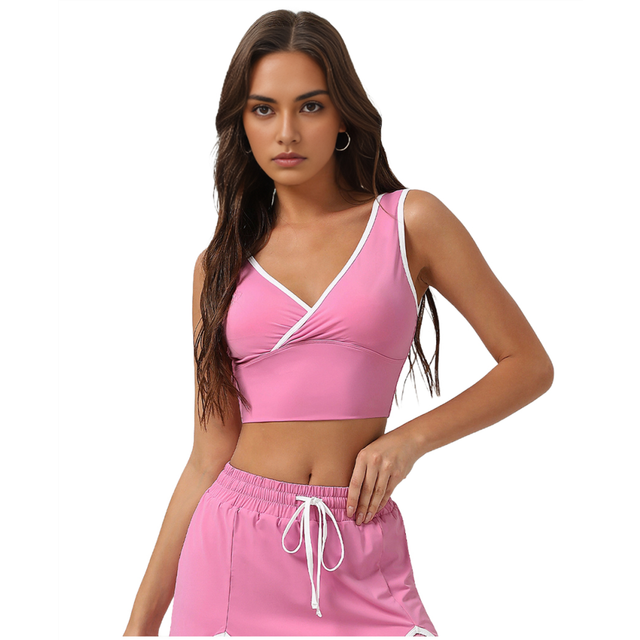 Sports Crop Top for Women V Neck Sleeveless Padded Bra Workout Yoga Rose Powder M