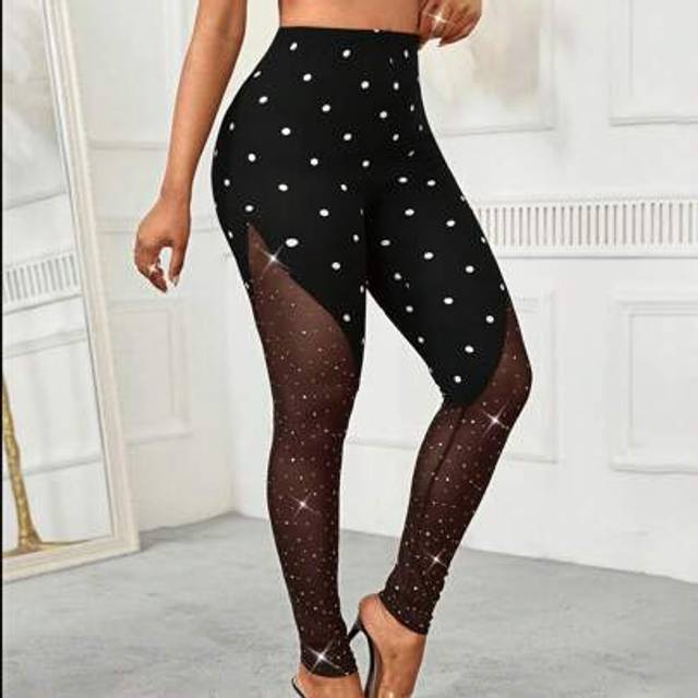SHEIN Women&#39;s High Waist Polka Dot Print Patchwork Sequin & Mesh Skinny Leggings
