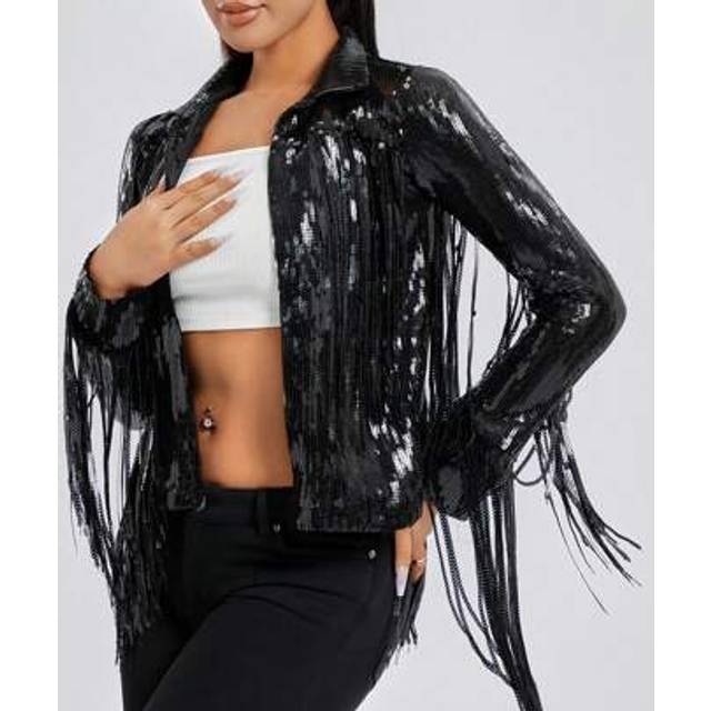SHEIN Women&#39;s Sequin Party Jackets Sparkly Long Sleeve Open Front Tassel Jackets Blazers Clubwear