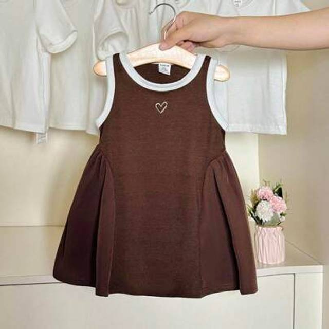 Souflis Toddler Girls Khaki & Brown Sporty Casual Knit Patchwork Dress, Asymmetrical Color Blocking Suitable For Baby Playing, Home Vacation Wear, Sweet & Ado