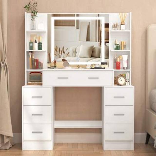 SHEIN 7-Drawers Dressing Table LED Lighted Mirror Makeup Desk Vanity Set For Bedroom