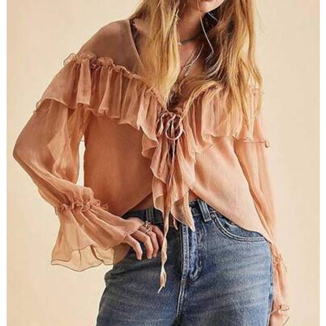 SHEIN Womens Flowy Bow Front Tie Top Long Sleeve Peplum Lace Trim Chiffon Shirt Sheer V Neck Boho Ruffle Beach Blouse