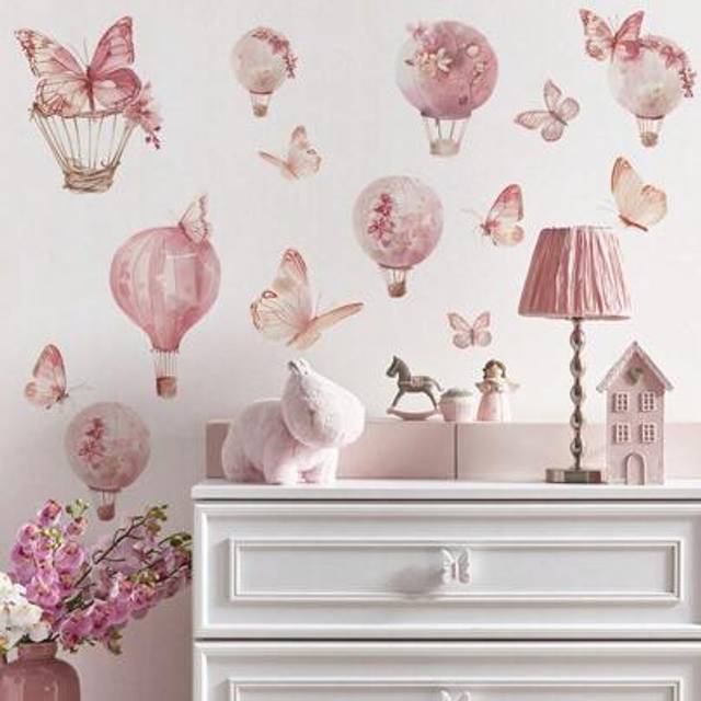 SHEIN 1Set Pink Butterflies Wall Stickers Baby Girls Nursery Room Wall Decals Flowers Hot Air Balloon Warm And Sweet Baby Room Wall Decorations Kids Bedroom