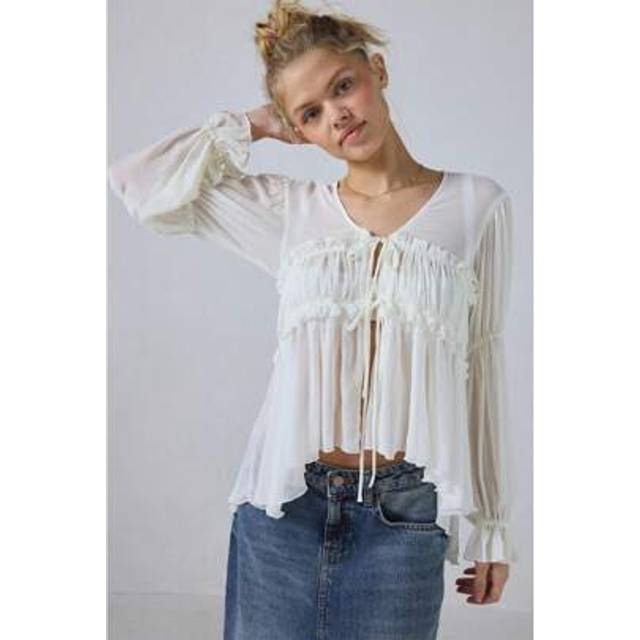 SHEIN Boho Lace Bow Tie Front Top For Women Cute Sheer Ruffle Flowy Long Sleeve Shirts Coquette V Neck Button Down Blouse